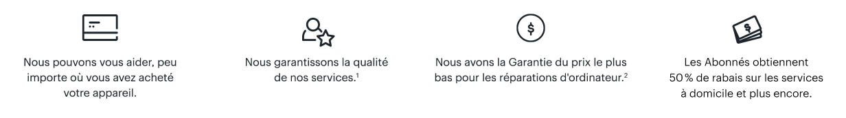 Nous pouvons vous aider, peu importe où vous avez acheté votre appareil. Nous garantissons la qualité de nos services. Bas prix garanti sur les réparations d'ordinateur. Les Abonnés obtiennent 50 % de rabais sur les services à domicile et plus encore.