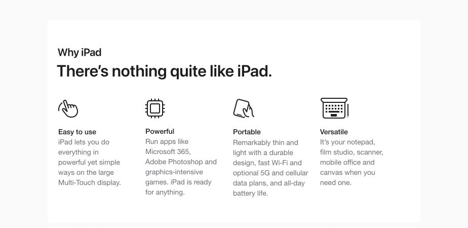 Why iPad. There's nothing quite like iPad. Easy to use. Powerful. Portable. Versatile.