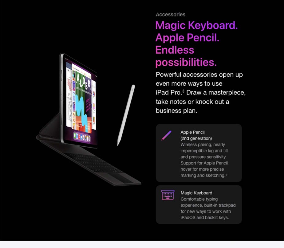 Accessories Magic Keyboard. Apple Pencil. Endless possibilities.  Powerful accessories open up even more ways to use iPad Pro.◊Refer to legal disclaimers Draw a masterpiece, take notes or knock out a business plan.  Apple Pencil (2nd generation) Wireless pairing, nearly imperceptible lag and tilt and pressure sensitivity. Support for Apple Pencil hover for more precise marking and sketching.◊Refer to legal disclaimers Magic Keyboard Comfortable typing experience, built-in trackpad for new ways to work with iPadOS and backlit keys.