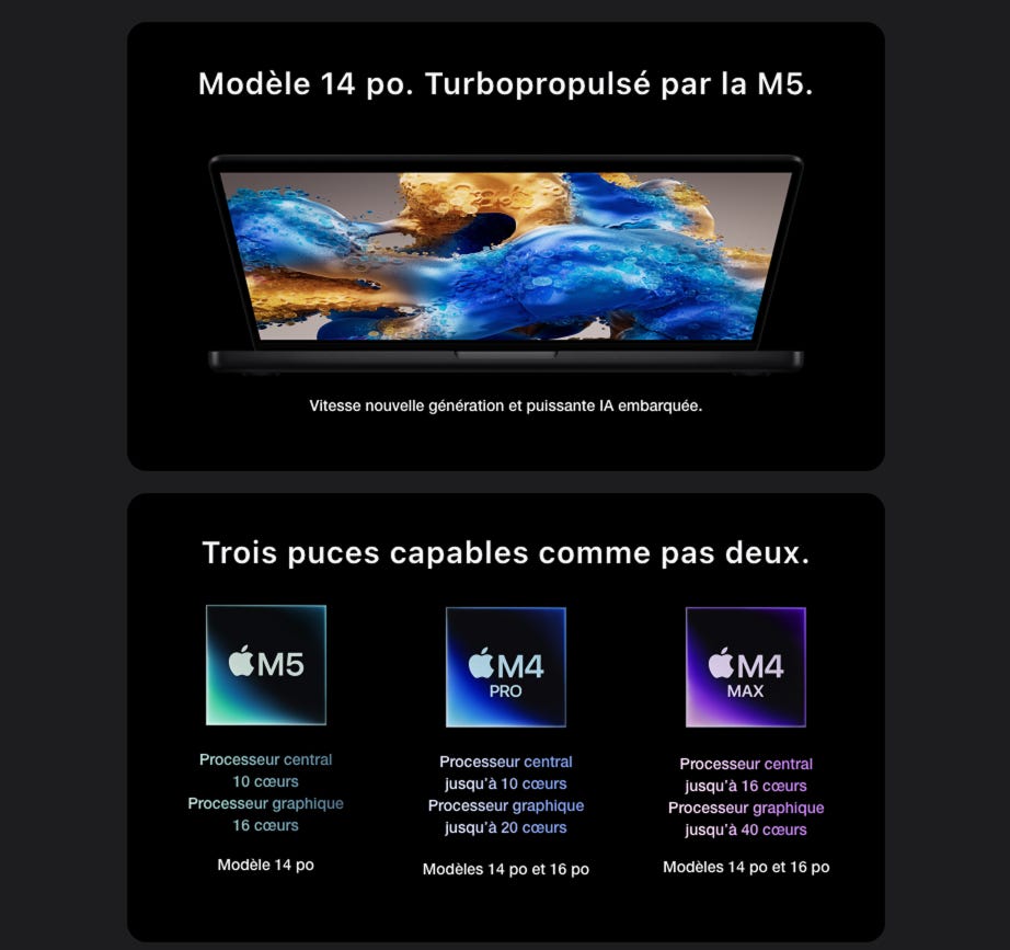 Modèle 14 po. Turbopropulsé par la M5. MacBook Pro légèrement ouvert révélant un écran coloré Vitesse nouvelle génération et puissante IA embarquée. Modèles 14 po et 16 po.
