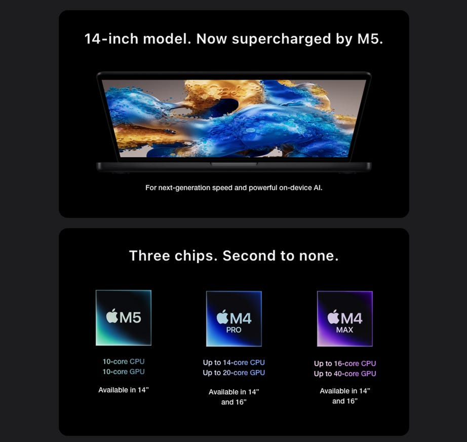 14-inch model. Now supercharged by M5. For next-generation speed and powerful on-device Al. Three chips. Second to none. Available in 14 inch and 16 inch.
