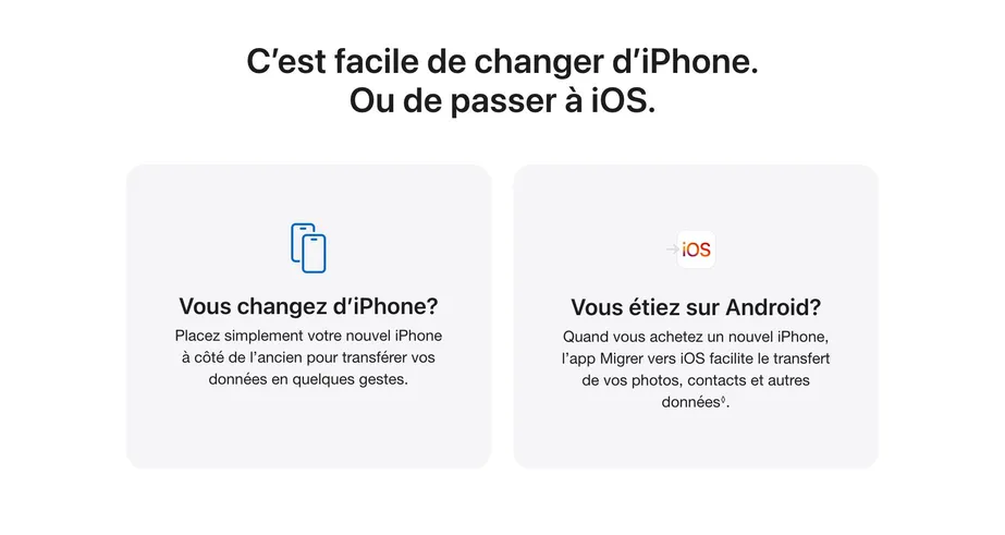 C’est facile de changer d’iPhone. Ou de passer à iOS. Vous changez d’iPhone? Placez simplement votre nouvel iPhone à côté de l’ancien pour transférer vos données en quelques gestes. Vous étiez sur Android? Quand vous achetez un nouvel iPhone, l’app Migrer vers iOS facilite le transfert de vos photos, contacts et autres données. ◊ Mention légale.