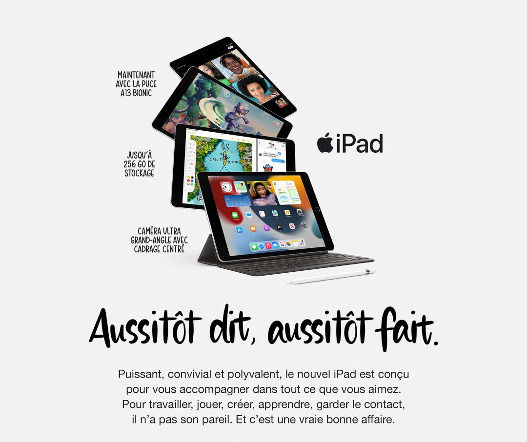 iPad. Maintenant avec la puce A13 Bionic. Jusqu'à 256 go de stockage. Caméra ultra grand-angle avec cadrage centré.