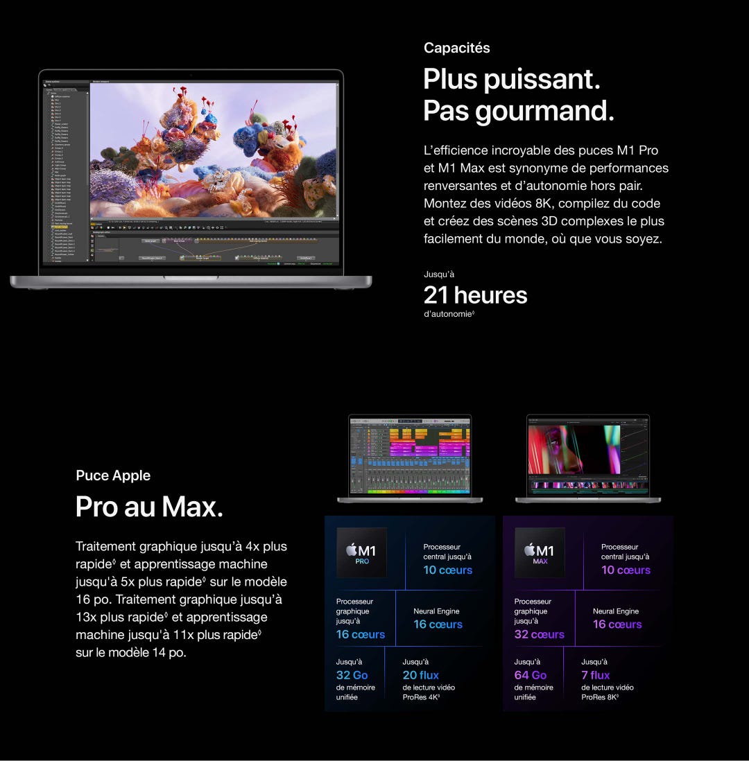 Capacités. Plus puissant. Pas gourmand. L’efficience incroyable des puces M1 Proet M1 Max est synonyme de performances renversantes et d’autonomie hors pair. Montez des vidéos 8K, compilez du code et créez des scènes 3D complexes le plus facilement du monde, où que vous soyez. Jusqu'à 21 heures d'autonomie◊. Puce Apple. Pro au Max. Traitement graphique jusqu’à 4x plus rapide◊ et apprentissage machine jusqu'à 5x plus rapide◊ sur le modèle 16 po. Traitement graphique jusqu’à 13x plus rapide◊ et apprentissage machine jusqu'à 11x plus rapide◊sur le modèle 14 po.