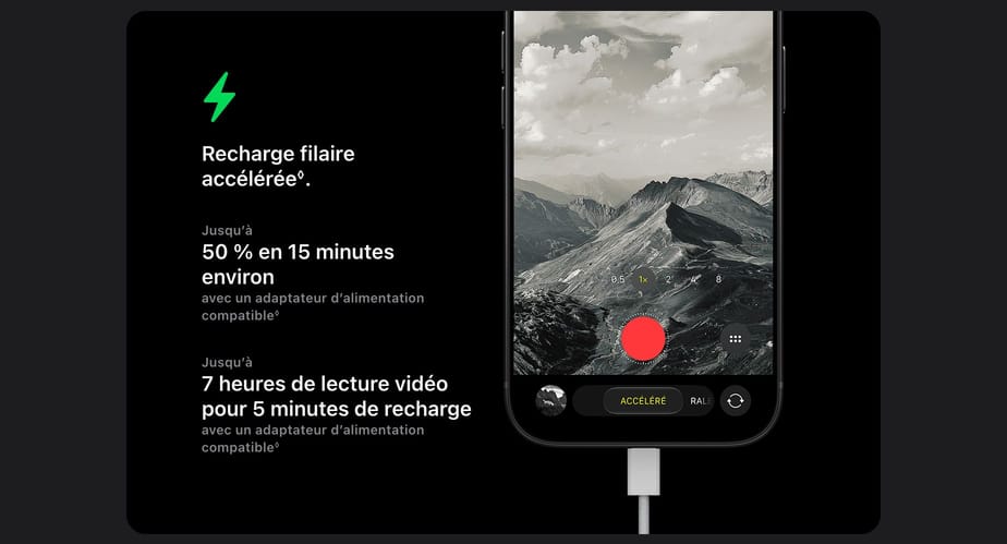 Recharge filaire accélérée◊.Mention légale. Jusqu’à 50 % en 15 minutes environ avec un adaptateur d’alimentation compatible◊Mention légale. Jusqu’à 7 heures de lecture vidéo pour 5 minutes de recharge avec un adaptateur d’alimentation compatible◊