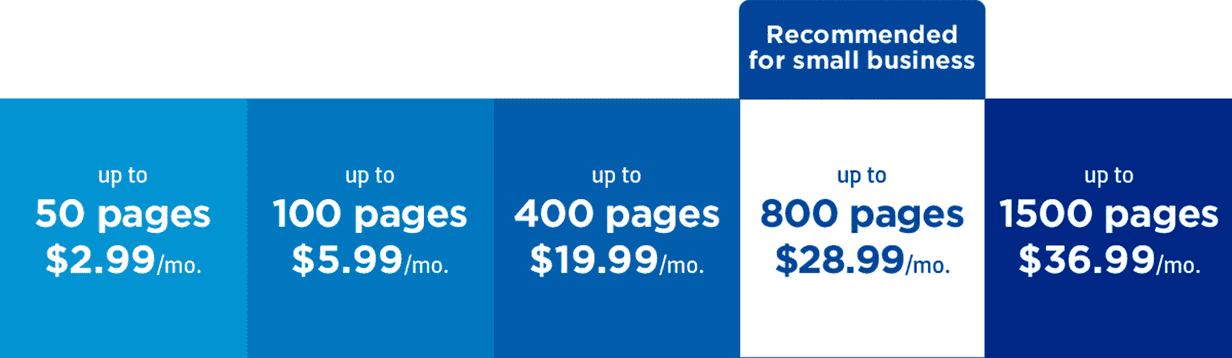 $2.99 per month for up to 50 pages. $5.99 per month for up to 100 pages. $19.99 per month for up to 400 pages. $28.99 per month for up to 800 pages. $36.99 per month for up to 1,500 pages.