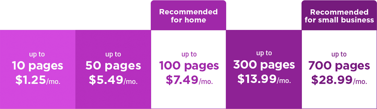 $1.25 per month for up to 10 pages. $5.49 per month for up to 50 pages. $7.49 per month for up to 100 pages. $13.99 per month for up to 300 pages. $28.99 per month for up to 700 pages.