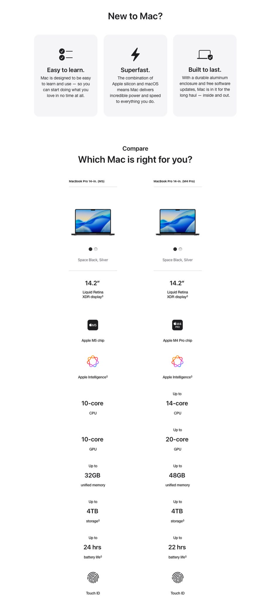 Easy to learn. Mac is designed to be easy to learn and use - so you can start doing what you love in no time at all. New to Mac? Superfast. The combination of Apple silicon and macos means Mac delivers incredible power and speed to everything you do. Built to last. With a durable aluminum enclosure and free software updates, Mac is in it for the long haul inside and out.