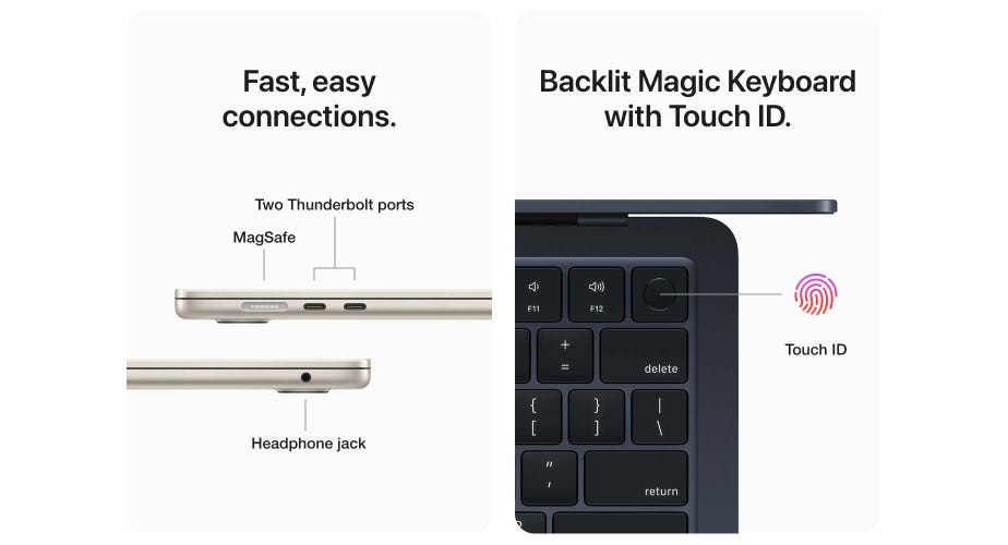 Fast, easy connections. Two Thunderbolt ports. MagSafe. Backlit Magic Keyboard with Touch ID.