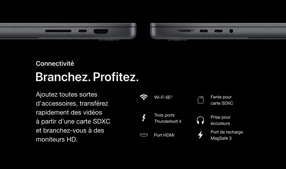 Connectivité. Branchez. Profitez. Ajoutez toutes sortes d’accessoires, transférez rapidement des vidéos à partir d’une carte SDXC et branchez-vous à des moniteurs HD. Wi-Fi 6E◊. Mention légale. Fente pour carte SDXC. Trois ports Thunderbolt 4. Prise pour écouteurs. Port HDMI. Port de recharge MagSafe 3.