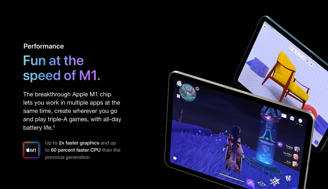 Performance. Fun at the speed of M1. The breakthrough Apple M1 chip lets you work in multiple apps at the same time, create wherever you go and play triple-A games, with all-day battery life.◊ Up to 2x faster graphics and up to 60 percent faster CPU than the previous generation.