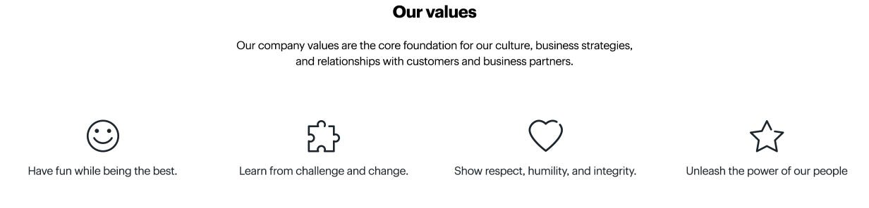 Our values. Have fun while being the best. Learn from challenge and change. Show respect, humility, and integrity. Unleash the power of our people.