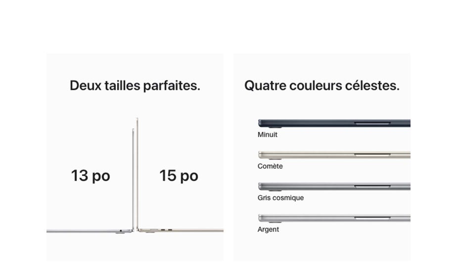 Deux tailles parfaites. 13 po. 15 po. Quatre couleurs célestes. Minuit, Comète, Gris cosmique, et Argent.