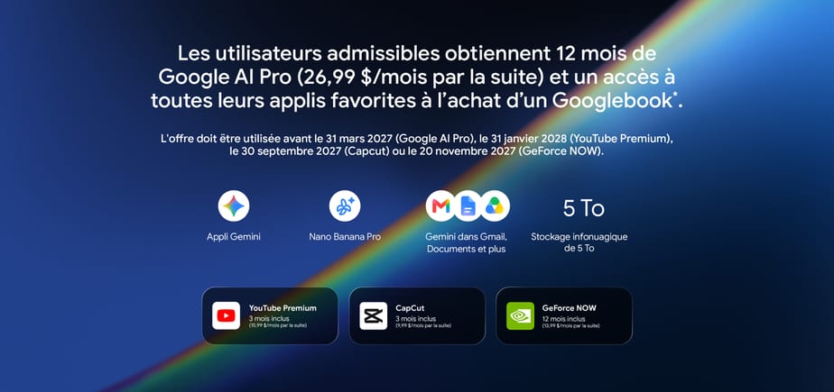 Les utilisateurs admissibles obtiennent 12 mois de Google AI Pro (26,99 $/mois par la suite) et un accès à toutes leurs applis favorites à l’achat d’un Googlebook. L'offre doit ëtre utilisée avant le 31 mars 2027 (Google Al Pro), le 31 janvier 2028 (YouTube Premium), le 30 septembre 2027 (Capcut) ou le 20 novembre 2027 (GeForce NOW).
