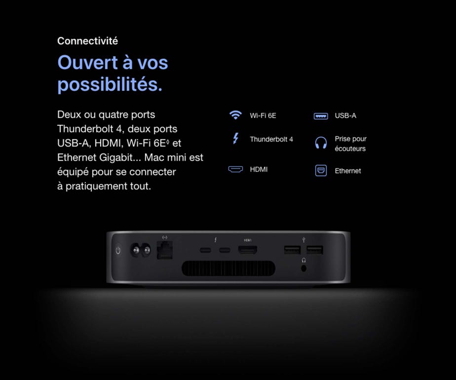 Connectivité. Ouvert à vos possibilités. Deux ou quatre ports Thunderbolt 4, deux ports USB‑A, HDMI, Wi-Fi 6E◊ et Ethernet Gigabit... Mac mini est équipé pour se connecter à pratiquement tout. Mention légale. Wi-Fi 6E USB-A Thunderbolt 4 Prise pour écouteurs HDMI Ethernet