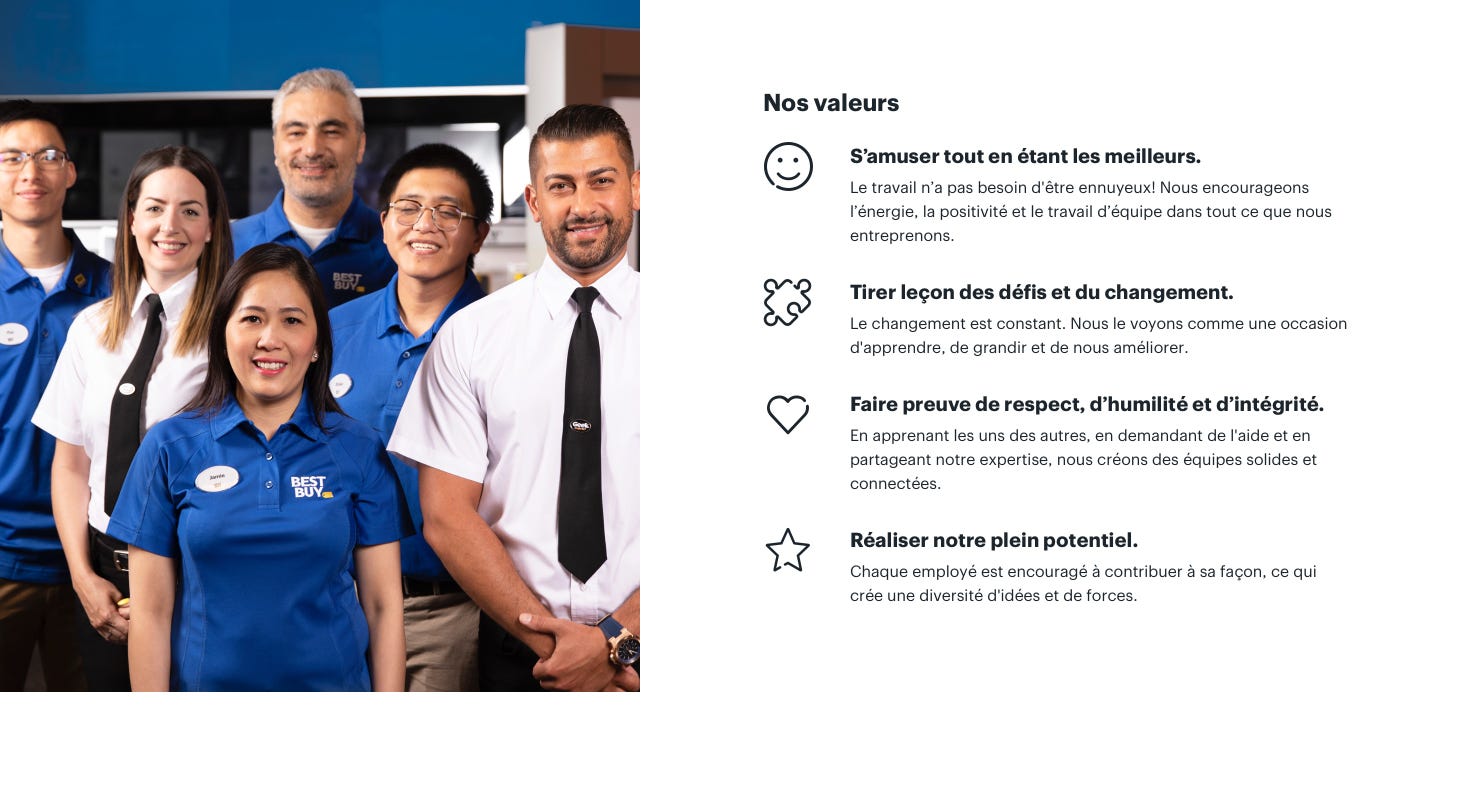 S’amuser tout en étant les meilleurs - Tirer leçon des défis et du changement. - Faire preuve de respect, d’humilité et d’intégrité. - Réaliser notre plein potentiel