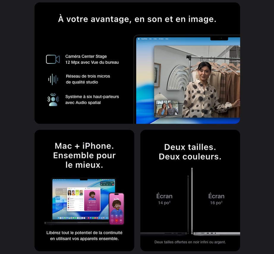 À votre avantage, en son et en image. Caméra Center Stage 12 Mpx avec Vue du bureau Réseau de trois micros de qualité studio Système à six haut-parleurs avec Audio spatial Mac + iPhone. Ensemble pour le mieux. Deux tailles. Deux couleurs.