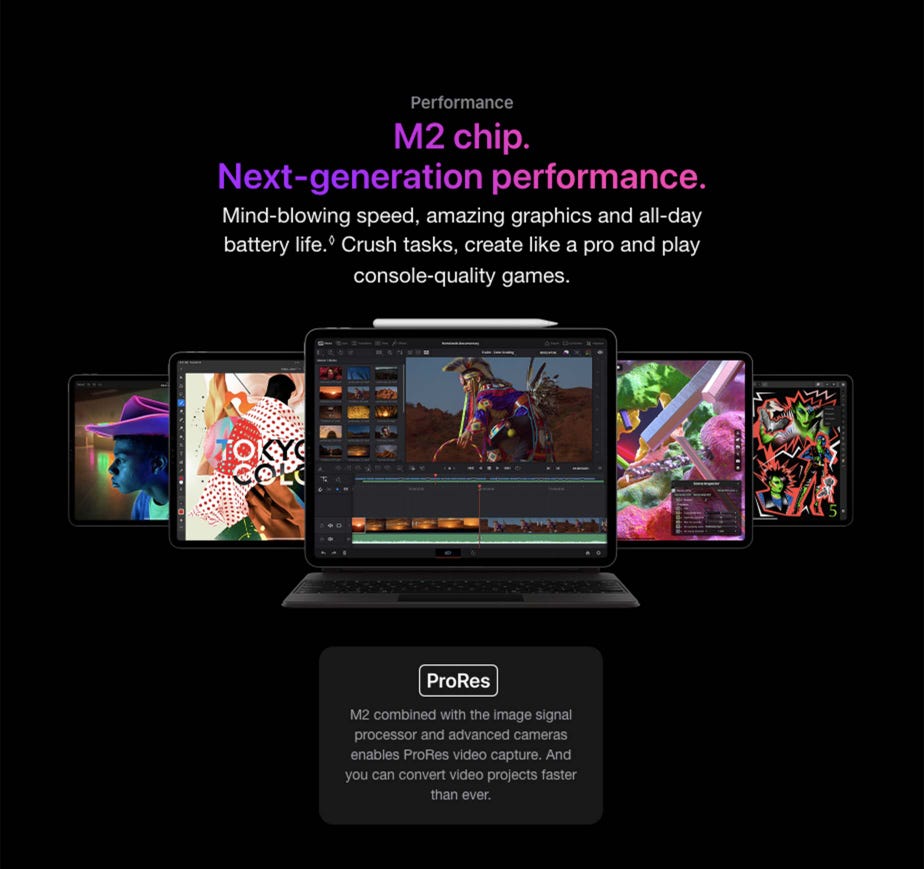 Performance M2 chip. Next-generation performance. Mind-blowing speed, amazing graphics and all-day battery life.◊Refer to legal disclaimers Crush tasks, create like a pro and play console‑quality games. Front view of iPad Pro with Smart Keyboard Folio and Apple Pencil attached displaying Resolve for iPad app along with other iPad devices behind it. ProRes M2 combined with the image signal processor and advanced cameras enables ProRes video capture. And you can convert video projects faster than ever.