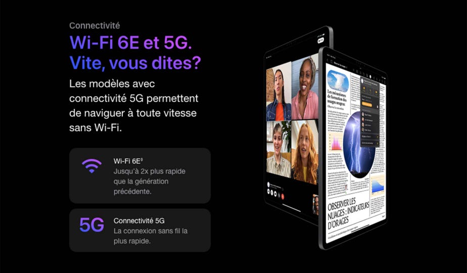 Connectivité Wi-Fi 6E et 5G. Vite, vous dites? Les modèles avec connectivité 5G permettent de naviguer à toute vitesse sans Wi-Fi. Wi-Fi 6E◊Mention légale Jusqu’à 2x plus rapide que la génération précédente. Connectivité 5G La connexion sans fil la plus rapide.