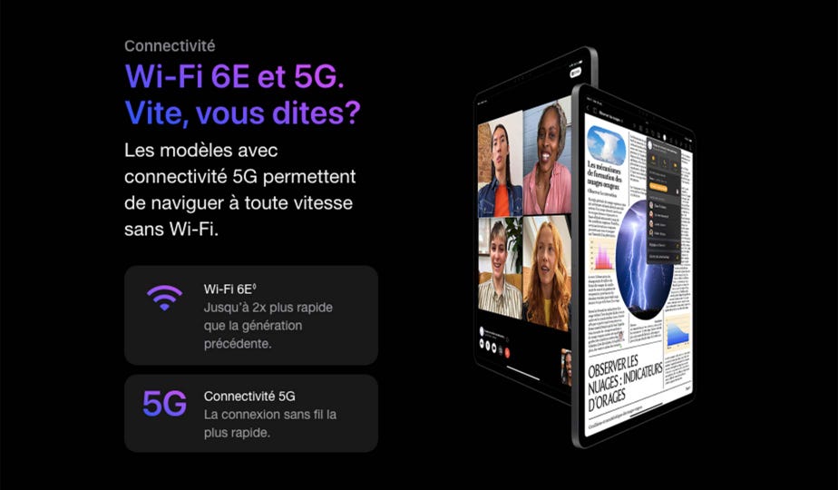 Connectivité Wi-Fi 6E et 5G. Vite, vous dites?  Les modèles avec connectivité 5G permettent de naviguer à toute vitesse sans Wi-Fi.  Wi-Fi 6E◊Mention légale Jusqu’à 2x plus rapide que la génération précédente.  Connectivité 5G La connexion sans fil la plus rapide.