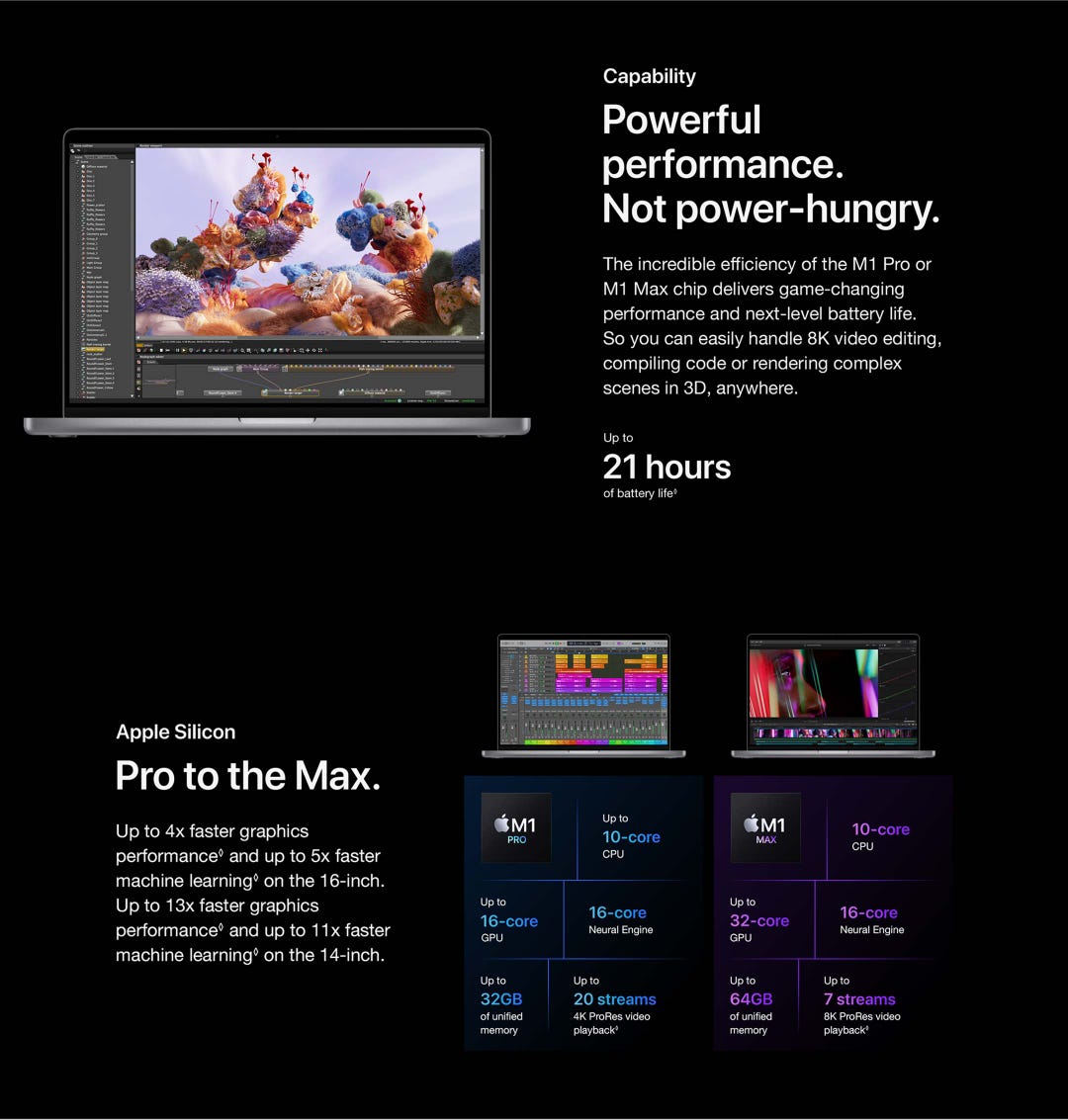 Capability. Powerful performance. Not power-hungry. The incredible efficiency of the M1 Pro or M1 Max chip delivers game-changing performance and next-level battery life.So you can easily handle 8K video editing, compiling code or rendering complex scenes in 3D, anywhere. Up to 21 hours of battery life◊. Apple Silicon. Pro to the Max. Up to 4x faster graphicsperformance◊ and up to 5x faster machine learning◊ on the 16-inch. Up to 13x faster graphics performance◊ and up to 11x faster machine learning◊ on the 14-inch.