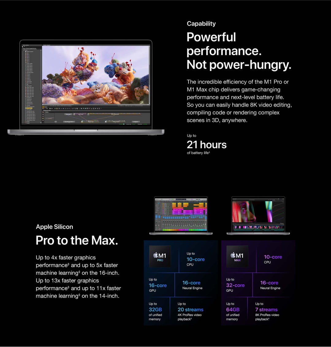 Capability. Powerful performance. Not power-hungry. The incredible efficiency of the M1 Pro or M1 Max chip delivers game-changing performance and next-level battery life.So you can easily handle 8K video editing, compiling code or rendering complex scenes in 3D, anywhere. Up to 21 hours of battery life◊. Apple Silicon. Pro to the Max. Up to 4x faster graphicsperformance◊ and up to 5x faster machine learning◊ on the 16-inch. Up to 13x faster graphics performance◊ and up to 11x faster machine learning◊ on the 14-inch.