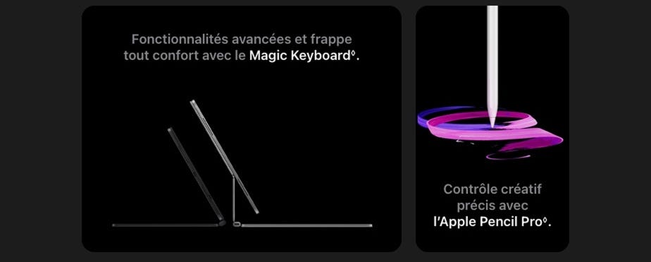 Fonctionnalités avancées et frappe tout confort avec le Magic Keyboard. Contrôle créatif précis avec l'Apple Pencil Pro.