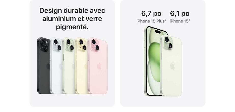 Design durable avec aluminium et verre pigmenté. 6,7 po iPhone 15 Plus. 6,1 po iPhone 15.