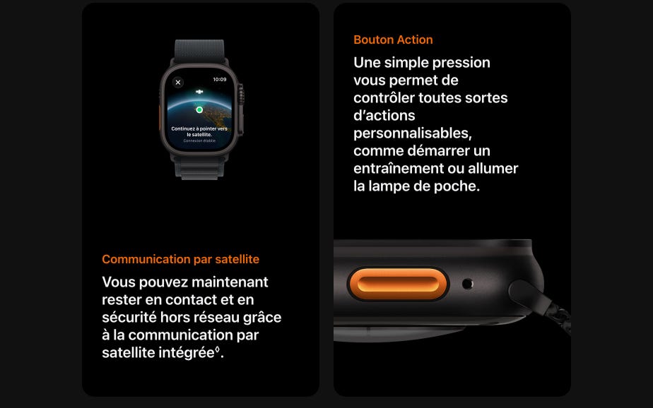 Communication par satellite. Vous pouvez maintenant rester en contact et en sécurité hors réseau grâce à la communication par satellite intégrée. Bouton Action. Une simple pression vous permet de contrôler toutes sortes d’actions personnalisables, comme démarrer un entraînement ou allumer la lampe de poche.