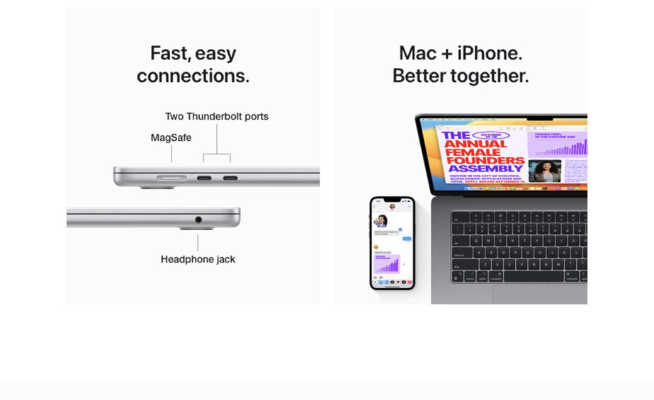 Fast, easy connections. Two Thunderbolt ports. MagSafe. Headphone jack. Mac + iPhone. Better together.