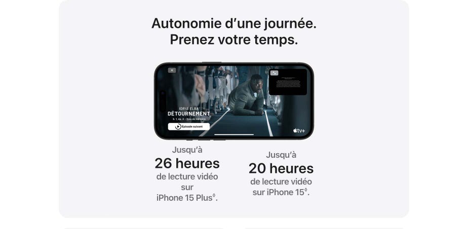 Autonomie d’une journée. Prenez votre temps. Jusqu’à 26 heures de lecture vidéo sur iPhone 15 Plus. Jusqu’à 20 heures de lecture vidéo sur iPhone 15.