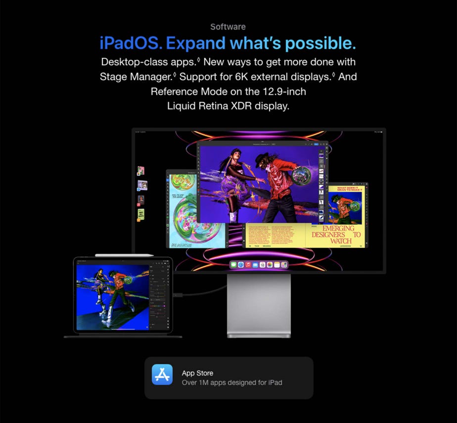 Software iPadOS. Expand what’s possible.  Desktop-class apps.◊Refer to legal disclaimers New ways to get more done with Stage Manager.◊Refer to legal disclaimers Support for 6K external displays.◊Refer to legal disclaimers And Reference Mode on the 12.9-inch Liquid Retina XDR display.  iPad Pro showing LumaFusion app connected to external display showing multitasking with Stage Manager. App Store Over 1M apps designed for iPad