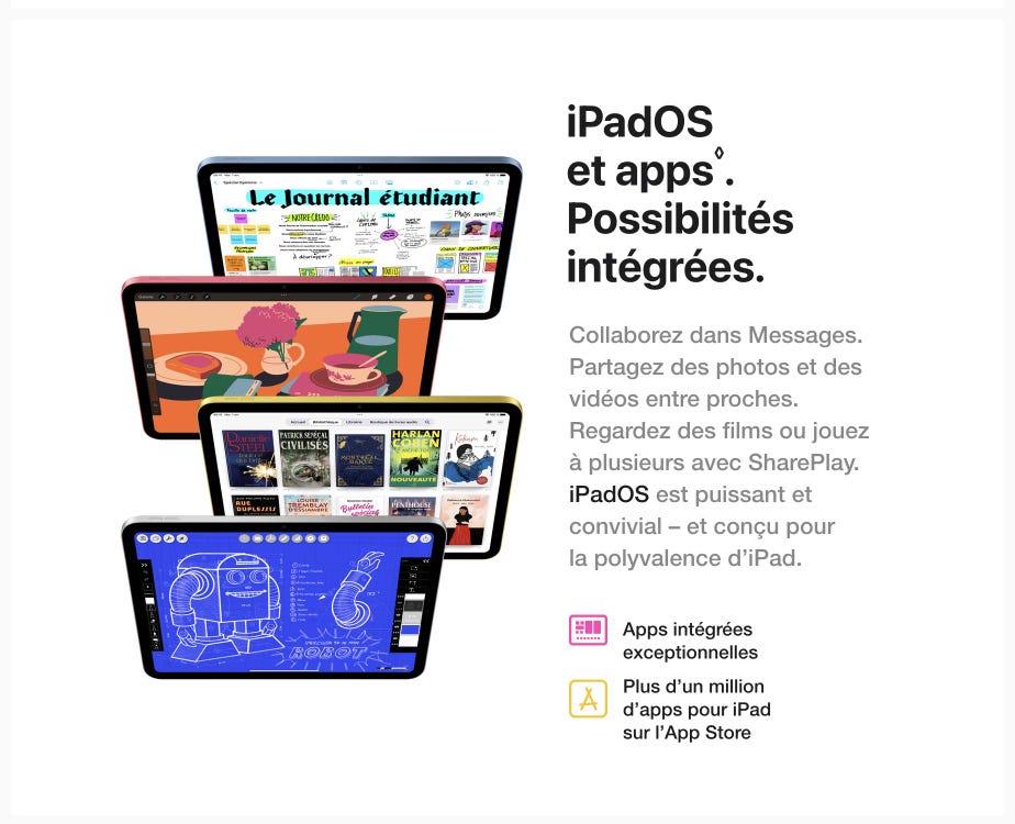 iPadOS et apps. Possibilités intégrées. Collaborez dans Messages. Partagez des photos et des vidéos entre proches. Regardez des films ou jouez à plusieurs avec SharePlay. iPadOS est puissant et convivial - et conçu pour la polyvalence d'iPad. Mention légale.