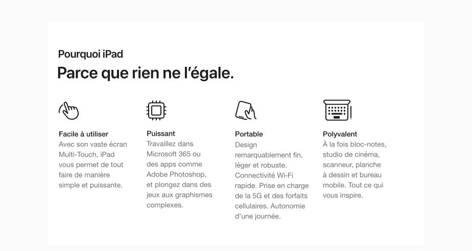 Pourquoi iPad. Parce que rien ne l'égale. Facile à utiliser. Puissant. Portable. Polyvalent.