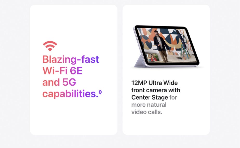 Blazing-fast Wi-Fi 6E and 5G capabilities.◊ 12MP Ultra Wide front camera with Center Stage for more natural video calls.