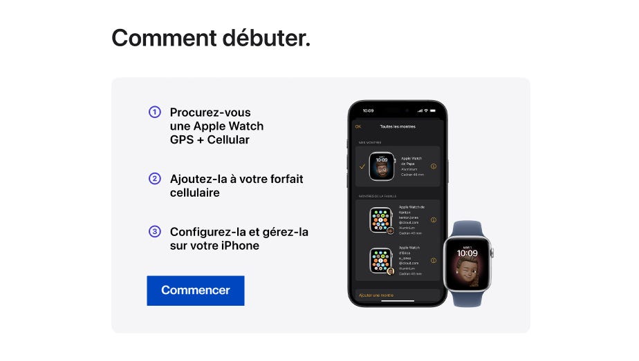 Comment débuter.  Procurez-vous une Apple Watch GPS + Cellular. Ajoutez-la à votre forfait cellulaire.  Configurez-la et gérez-la sur votre iPhone.