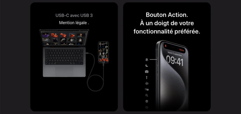 USB-C avec USB 3. Transferts jusqu’à 20x plus rapides. Mention légale. Bouton Action. À un doigt de votre fonctionnalité préférée.