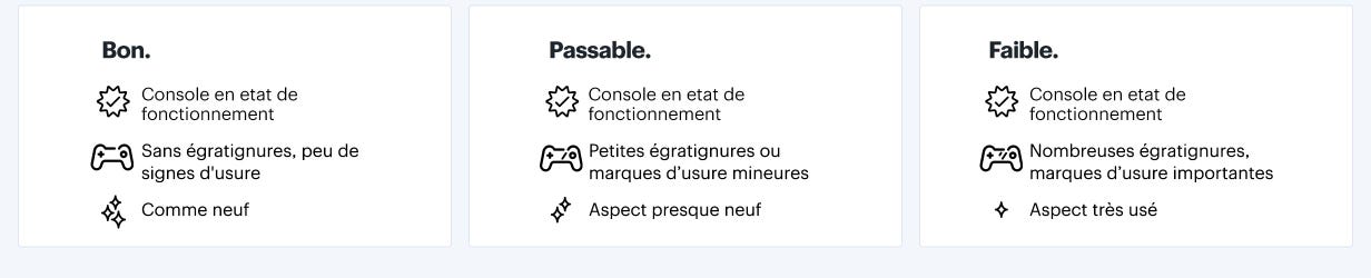 Bon : console fonctionnelle. Sans rayures, les petites tenues semblent neuves. Bonne console fonctionnelle. Petites égratignures ou usure mineure. Il a l'air presque nouveau. Faible : console fonctionnelle. Égratignures profondes, usure intense semble bien utilisée.