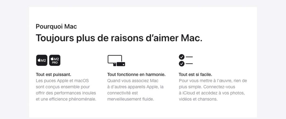 Pourquoi. Mac Toujours plus de raisons d’aimer Mac. Tout est puissant. Les puces Apple et macOS sont conçus ensemble pour offrir des performances inouïes et une efficience phénoménale. Tout fonctionne en harmonie. Quand vous associez Mac à d’autres appareils Apple, la connectivité est merveilleusement fluide. Tout est si facile. Pour vous mettre à l’œuvre, rien de plus simple. Connectez-vous à iCloud et accédez à vos photos, vidéos et chansons.