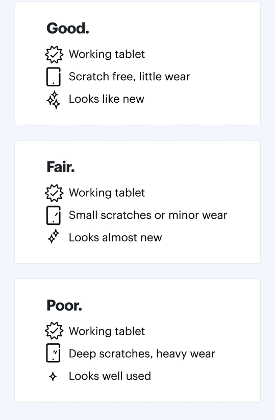 Good is: Working tablet Scratch free, little wear Looks like new. Fair is: Working tablet Small scratches or minor wear Looks almost new.   Poor is: Working tablet Deep scratches, heavy wear Looks well used