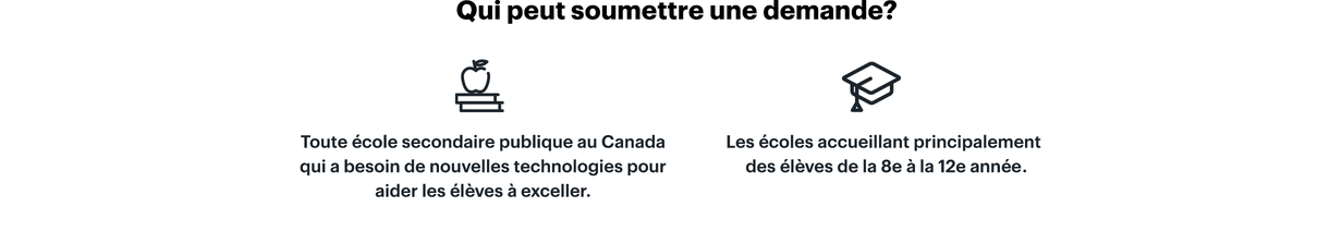 Qui peut soumettre une demande? Toute école secondaire publique au Canada qui a besoin de nouvelles technologies pour aider les élèves à exceller. Les écoles accueillant principalement des élèves de la 8e à la 12e année (secondaire 2 à 1re année de Cégep).