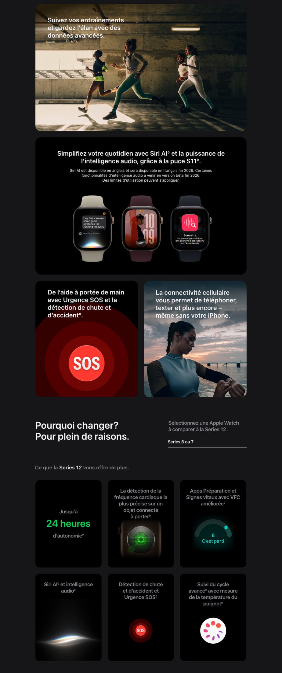 Suivez vos entrainements et gardez l'élan avec des données avancées. Simplifiez votre quotidien avec Siri Al° et la puissance de l'intelligence audio, grâce à la puce S11°. Sini Al est disparible en anglais et sera disponible en françals fin 2025. Certaines fonctionnalités d'intelligence audio à venir en version bêta fin 2026. Des limites d'uolisation peuvent s'aspliquer. •/'a De l'aide à portée de main avec Urgence SOS et la détection de chute et d'accident°. La connectivité cellulaire vous permet de téléphoner, texter et plus encore - même sans votre iPhone. SOS Pourquoi changer? Pour plein de raisons. Sélectionnez une Apple Watch à comparer à la Series 12 : Series 6 ou 7 Ce que la Series 12 vous offre de plus. La détection de la fréquence cardiaque la plus précise sur un objet connecté à porter® Apps Préparation et Signes vitaux avec VFC améliorée' Jusqu'à 24 heures d'autonomie® C'est parti Siri Al' et intelligence audio® Détection de chute et d'accident et Urgence SOS* Suivi du cycle avancé' avec mesure de la température du poignet