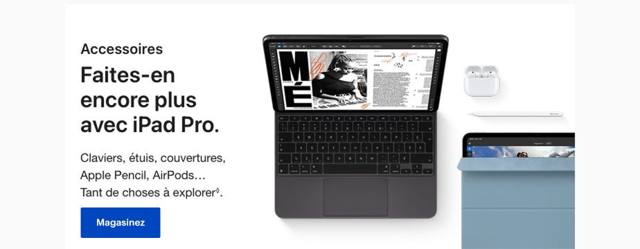 Accessoires Faites-en encore plus avec iPad Pro. Claviers, étuis, couvertures, Apple Pencil, AirPods... Tant de choses à explorer. Magasinez.