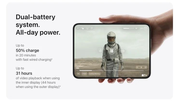 Dual-battery system. All‑day power. Up to 50% charge in 20 minutes with fast wired charging◊Refer to legal disclaimers. Up to 31 hours of video playback when using the inner display (44 hours when using the outer display). Refer to legal disclaimers.