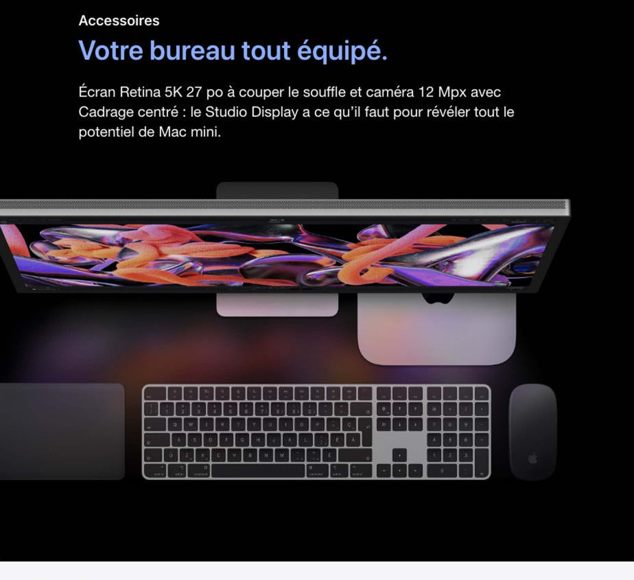 Accessoires. Votre bureau tout équipé. Écran Retina 5K 27 po à couper le souffle et caméra 12 Mpx avec Cadrage centré : le Studio Display a ce qu’il faut pour révéler tout le potentiel de Mac mini.
