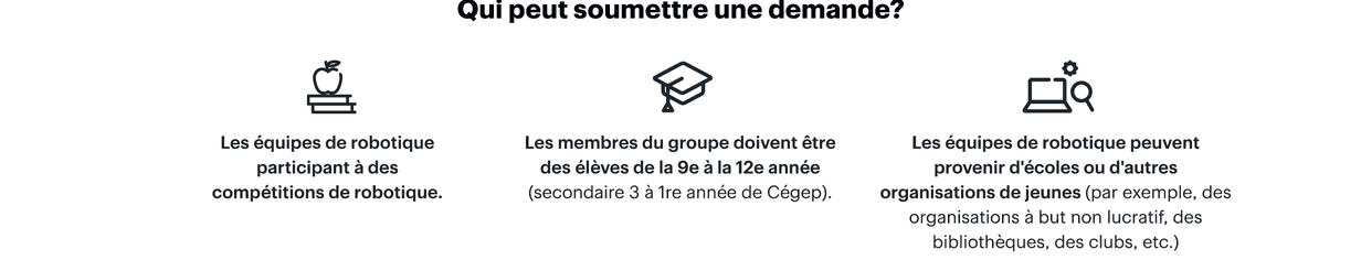 Qui peut soumettre une demande? Les équipes de robotique participant à des compétitions de robotique. Les membres du groupe doivent être des élèves de la 9e à la 12e année (secondaire 3 à 1re année de Cégep). Les équipes de robotique peuvent provenir d'écoles ou d'autres organisations de jeunes (par exemple, des organisations à but non lucratif, des bibliothèques, des clubs, etc.)