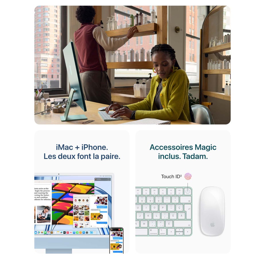 iMac et iPhone. Les deux font la paire. Accessoires Magic inclus. Tadam. Touch ID. Mention légale.