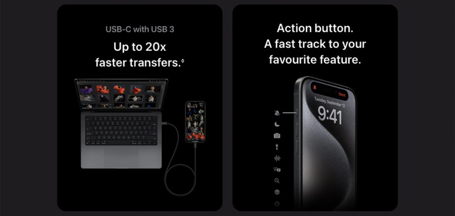 USB-C with USB 3. Up to 20x faster transfers. Action button. A fast track to your favourite feature.