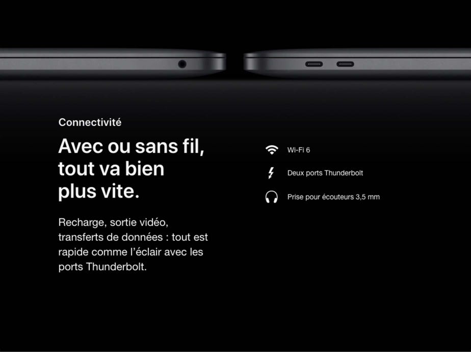 Connectivité. Avec ou sans fil, tout va bien plus vite. Recharge, sortie vidéo, transferts de données : tout est rapide comme l’éclair avec les ports Thunderbolt. Wi-Fi 6. Deux ports Thunderbolt. Prise pour écouteurs 3,5 mm.