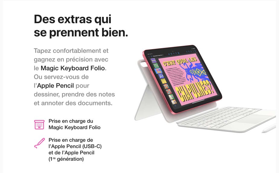 Des extras qui se prennent bien. Tapez confortablement et gagnez en précision avec le Magic Keyboard Folio. Ou servez-vous de l'Apple Pencil pour dessiner, prendre des notes et annoter des documents.